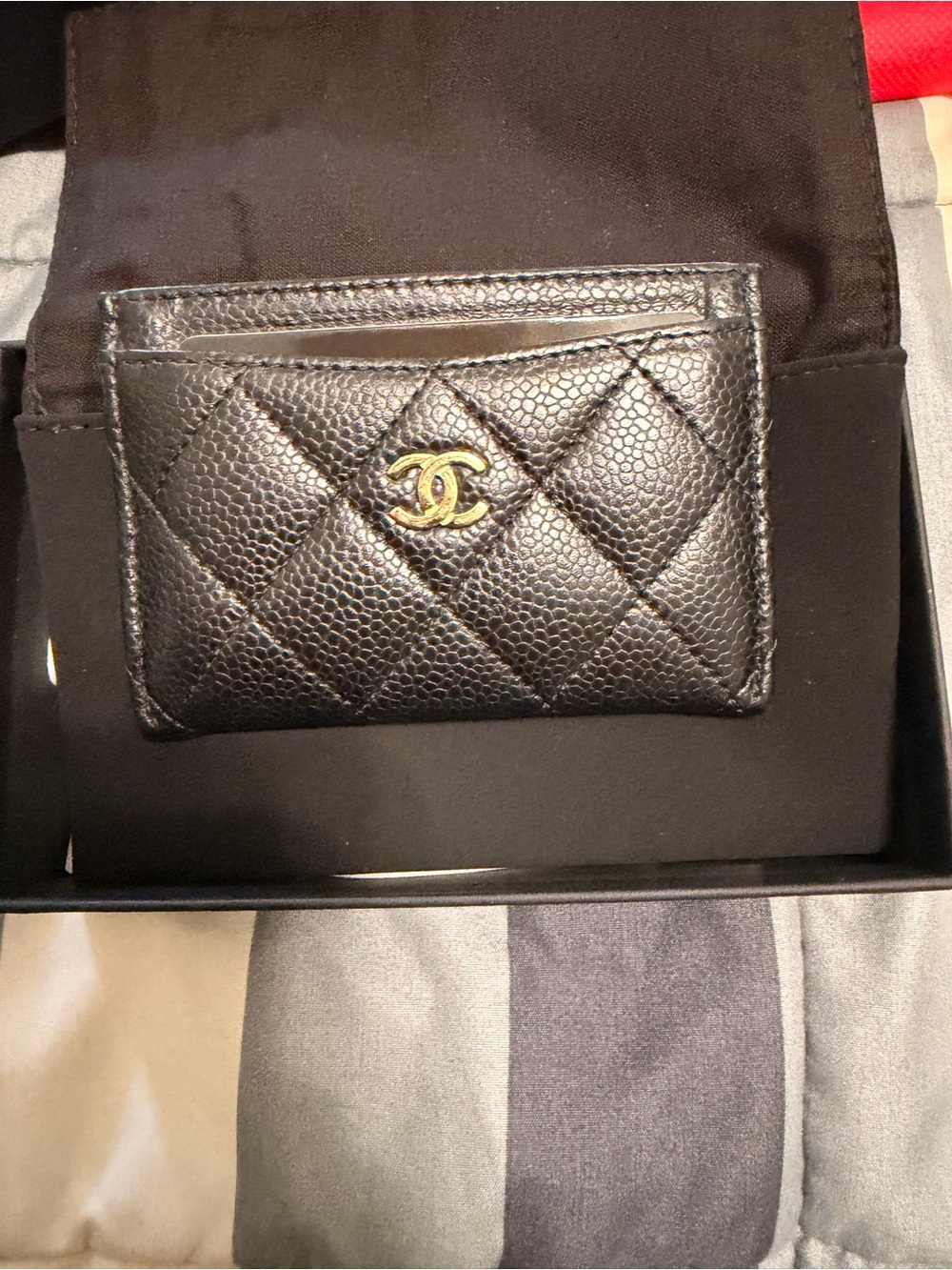 CHANEL Black Quilted Caviar Leather Card Holder with Gold CC